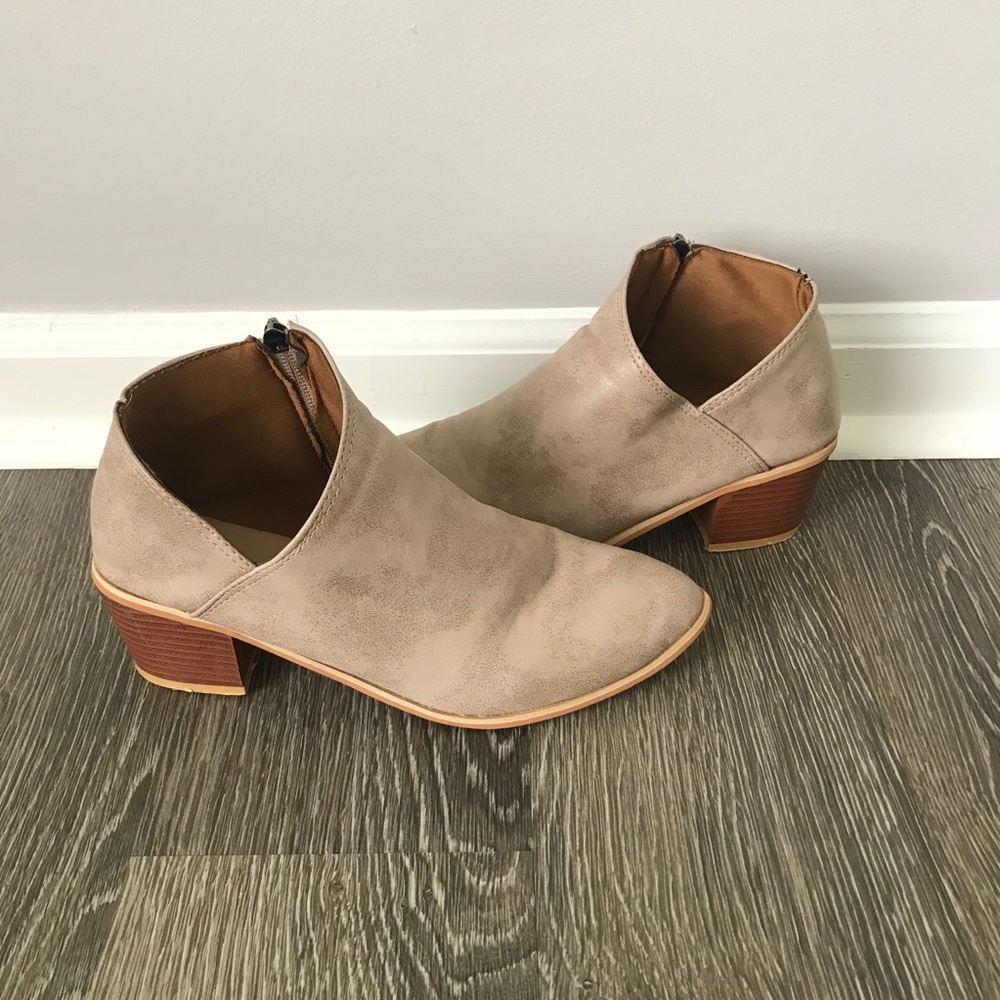 Camel colored low ankle cut heeled booties